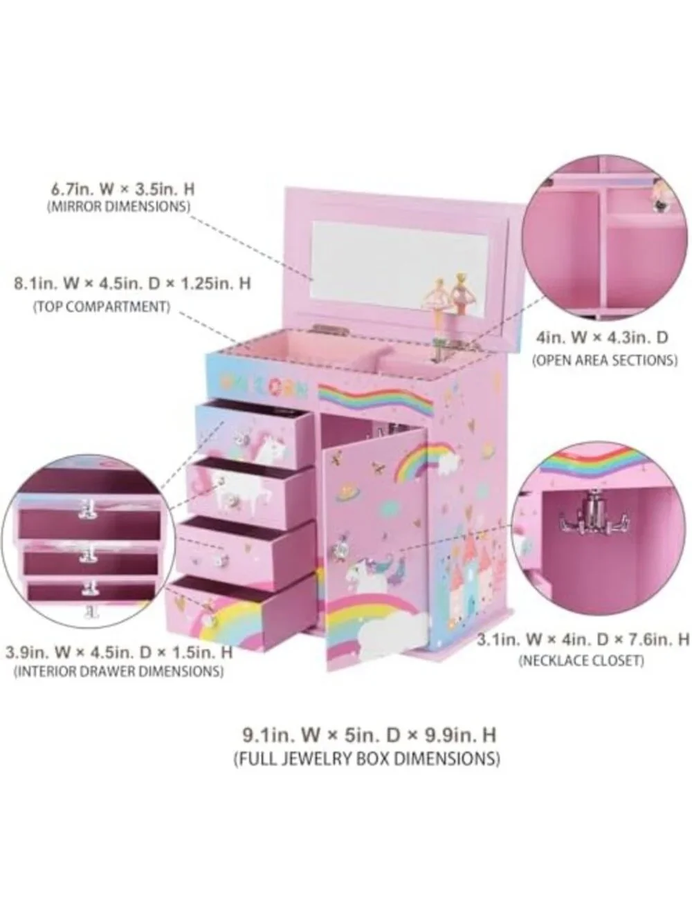 Girls Jewelry Box with 5 Layers, Swing Door, Ballerina & Unicorn Design, Music